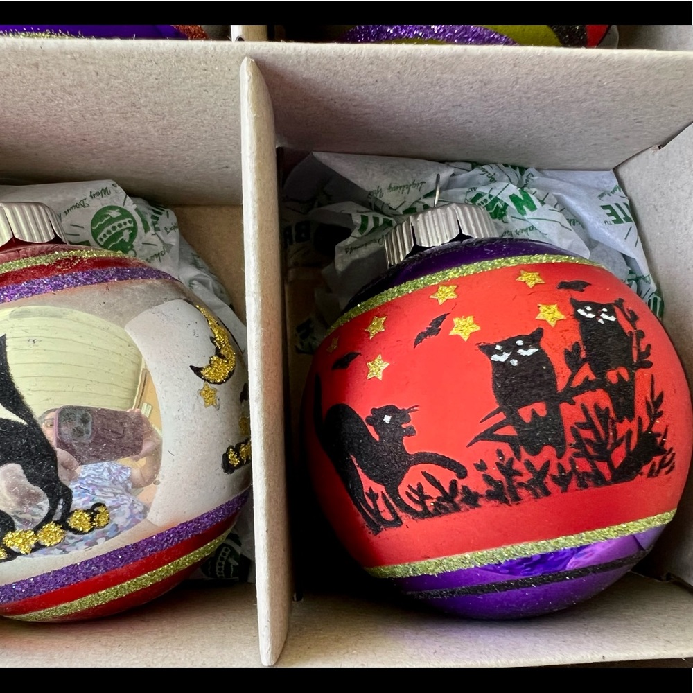 6 Halloween Radko Large Flocked Glass Ball Ornaments Owls Cat Witch Bats - Picture 3 of 10